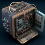 The picture showes a box with lots of cables and technical-looking decorations. It symbolises a machine and was created by the Midjourney image generator.